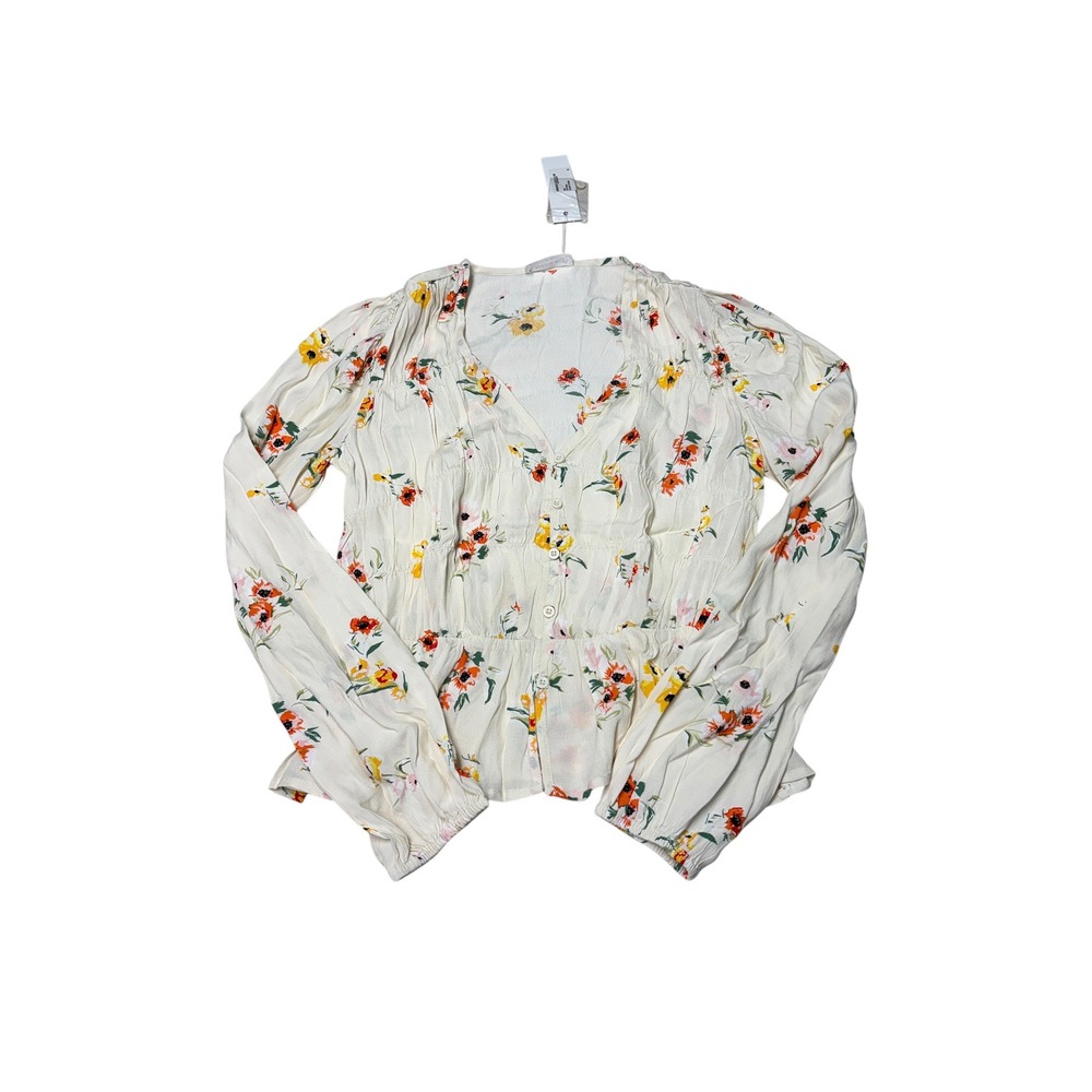 NWT Sophie Rue XS Cream Floral Button Front Peplum Blouse Long Sleeve CTEY5001